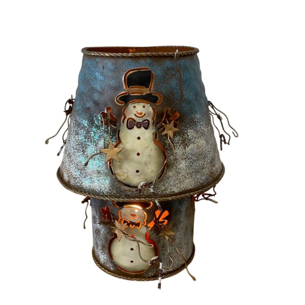 Vtg Home Interiors Metal Snowman Tealight Votive Candle Holder w Shade Rustic